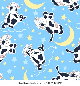Moo Cows at night seamless pattern .