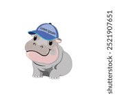 Moo deng, Cute pygmy hippo in a cap.This charming cartoon-style illustration features an adorable hippo wearing a blue cap, making it perfect for children