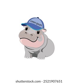 Moo deng, Cute pygmy hippo in a cap.This charming cartoon-style illustration features an adorable hippo wearing a blue cap, making it perfect for children's books, playful designs, or fun branding.