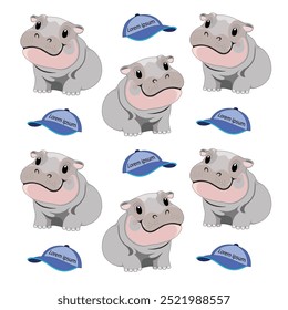 Moo Deng, Pygme Hippo e Blue Cap Pattern. Este padrão sem costura combina elementos lúdicos e encantadores, tornando-o perfeito para produtos infantis, designs de tecido ou fundos lúdicos.