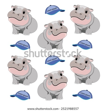 Moo Deng, Pygme Hippo and Blue Cap Pattern. This seamless pattern combines playful and charming elements, making it perfect for children's products, fabric designs, or playful backgrounds.