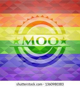 Moo emblem on mosaic background with the colors of the LGBT flag