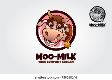 Moo Milk Mascot Cartoon Character. A cow cartoon character logo template. This logo ideal for Food logo, Milk or Cheese Product, Ice Cream product, Yogurt product and others.