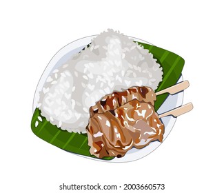 moo ping, Thai sweet pork grilled and sticky rice on plate. Isolated set of pork grilled and steamed sticky rice on white background. Close up food and beverage.  