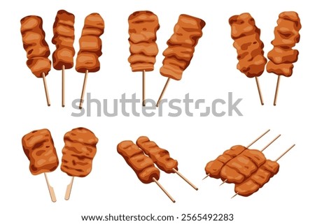 Moo Ping,Pork marinated beef, then roastedisolated on white background. Vector eps 10.