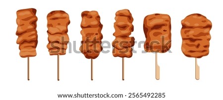 Moo Ping,Pork marinated beef, then roastedisolated on white background. Vector eps 10.
