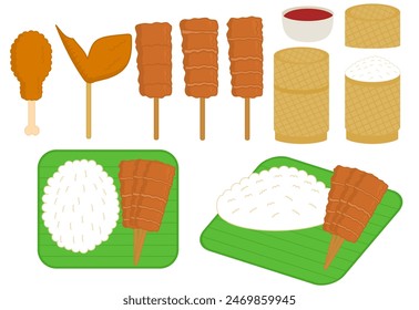 Moo Ping.Thai food.Grilled Pincho de cerdo o pollo con arroz pegajoso.Caja de bambú.Barbacoa.Street food.Rice basket.Menu para restaurant.Sign, symbol, icon o logo aislado.Cartoon Ilustración vectorial.