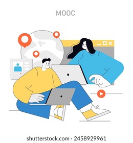 Concepto MOOC. Amplios cursos en línea que conectan a estudiantes de todo el mundo. Educación interactiva sin fronteras. Ilustración vectorial.