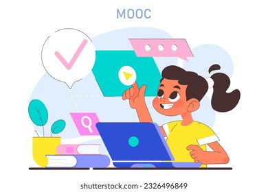 MOOC. Massive open online course. Modern approach to learning new information. Multidisciplinary knowledge gaining for children potential development. Flat vector illustration