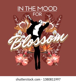 In the mood for blossom. Vector hand drawn illustration of pretty woman with tropical flowers isolated. Template for card, poster. banner, print for t-shirt, pin, badge, patch.