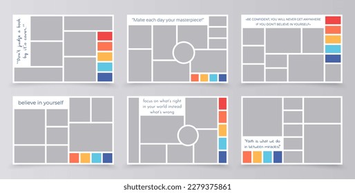 Mood board background. Collage grids. Moodboard template. Set pictures layout. Photomontage mosaic frames. Album scrapbook design. Horizontal mockup with colour palette and quote. Vector illustration