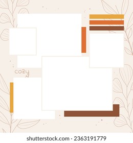 Mood board background. Photo collage layout. Moodboard template. Mosaic pictures album grid. Scrapbook images. Vector illustration. Poster design with colour palette and quote. photomontage frames