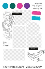 Mood board background. Photo collage layout. Moodboard template. Mosaic pictures album grid. Scrapbook images. Vector illustration. Poster design with colour palette and quote. photomontage frames