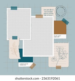 Mood board background. Photo collage layout. Moodboard template. Mosaic pictures album grid. Scrapbook images. Vector illustration. Poster design with colour palette and quote. photomontage frames