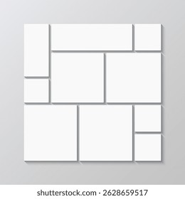 Mood board background. Photo collage square layout. Mosaic picture frame. Moodboard template. Portfolio images mockup. Scrapbook grid. Album brandboard. Gallery banner. Vector illustration
