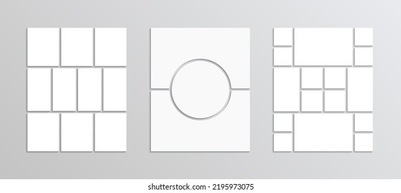 Mood board background. Set of photo collage template. Mosaic picture frame. Portfolio images. Moodboard layout collection. Gallery banner. Scrapbook grid. Modern photoframe. Vector illustration