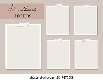 Mood board Blank template with vertical A-4 or A-5 papers on sticky tape. Mockup for presentation. 5 empty sheets with a shadow on beige background. Vector 3d realistic EPS10.