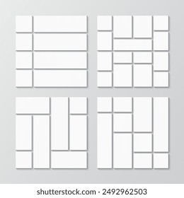 Mood board frame. Moodboard templates set. Collection of mosaic pictures grid. Photo collage layout. Portfolio images isolated on gray background. Album brandboard. Vector illustration