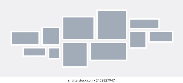 Mood board or image grid template. Grey mosaic art collage arrangement. Photo frame horizontal composition. Wall gallery layout design concept for presentation, poster, mockup, banner, flyer. Vector