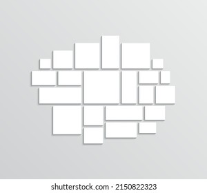 Mood board layout. Moodboard grid. Photo collage template. Album brandboard. Mosaic pictures frame. Gallery banner. Portfolio images. Abstract forms. Retro background. Vector illustration