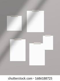 Mood board mockup. Empty sheets of white paper on the wall. Mockup vector isolated. Template design. Realistic vector illustration.
