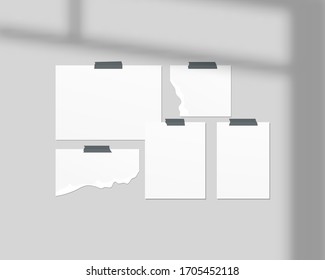 Mood board mockup template. Empty sheets of white paper on the wall. Mood board with shadow overlay. Mockup vector isolated. Template design. 