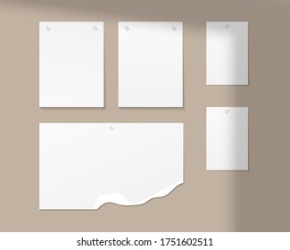 Mood board mockup template. Empty sheets of white paper on the wall with shadow overlay. Mockup vector isolated. Template design. Realistic vector illustration.