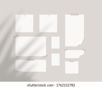 Mood board mockup template. Empty sheets of white paper on the wall with shadow overlay. Mockup vector isolated. Template design. Realistic vector illustration.