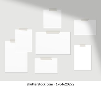 Moodboard-Mockup-Vorlage. Leere Blätter aus weißem Papier an der Wand mit Schattenüberzug. Schauen Sie auf die Vektorgrafik einzeln. Vorlagendesign. Realistische Vektorgrafik.
