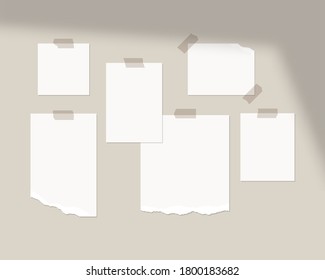 Mood board mockup template. Empty sheets of white paper on the wall with shadow overlay. Mockup vector isolated. Template design. Realistic vector illustration.