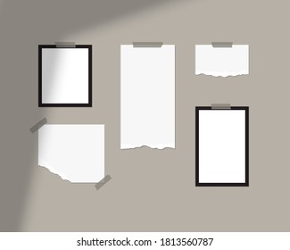 Mood board mockup template. Empty sheets of white paper on the wall with shadow overlay. Mockup vector isolated. Template design. Realistic vector illustration.