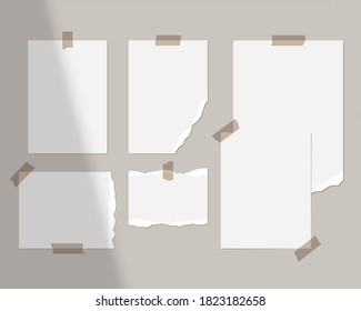 Mood board mockup template. Empty sheets of white paper on the wall with shadow overlay. Mockup vector isolated. Template design. Realistic vector illustration.