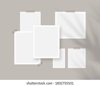 Mood board mockup template. Empty sheets of white paper on the wall with shadow overlay. Mockup vector isolated. Template design. Realistic vector illustration.