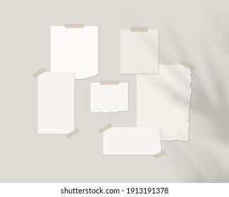 Mood board mockup template. Empty sheets of white paper on the wall with shadow overlay. Mockup vector isolated. Template design. Realistic vector illustration.