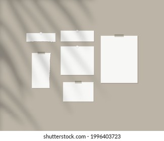 Mood board mockup template. Empty sheets of white paper on the wall with shadow overlay. Mockup vector isolated. Template design. Realistic vector illustration.