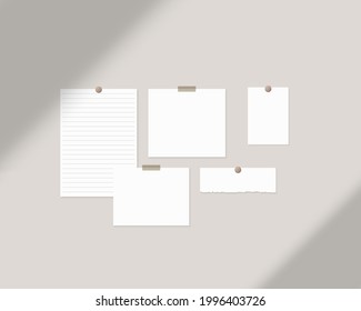 Mood board mockup template. Empty sheets of white paper on the wall with shadow overlay. Mockup vector isolated. Template design. Realistic vector illustration.