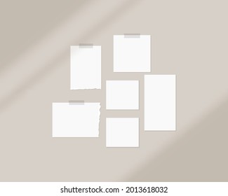 Mood board mockup template. Empty sheets of white paper on the wall with shadow overlay. Mockup vector isolated. Template design. Realistic vector illustration.