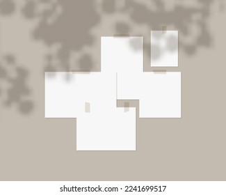 Mood board mockup template. Empty sheets of white paper on the wall with shadow overlay. Mockup vector isolated. Template design. Realistic vector illustration.