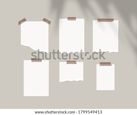 Mood board mockup template. Empty sheets of white paper on the wall with shadow overlay. Mockup vector isolated. Template design. Realistic vector illustration.