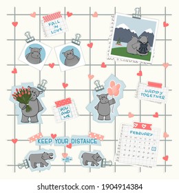 Mood board is on white wall with photos and blue paper binder. Set of hippos in different situations on cut paper. Avatars, tulips, balloons, traveling pick, text messages, calendar of February 2021