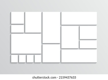 Mood board template. Collage grid. Photo moodboard layout. Mosaic pictures frame. Gallery banner. Album brandboard. Organised portfolio. White images isolated on gray background. Vector illustration