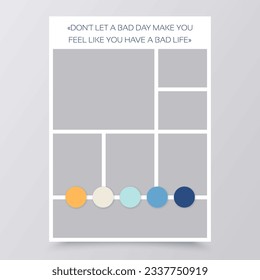 Mood board template. Collage grid. Moodboard background. Photomontage pictures layout. Set mosaic frames. Vertical mockup with colour palette and quote. Album scrapbook design. Vector illustration