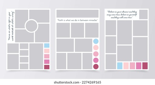 Plantilla de tablero de ánimo. Rejas de colores. Fondo de Moodboard. Diseño de imágenes de fotomontaje. Establecer marcos de mosaico. Diseño de álbumes de álbumes. Burla vertical con paleta de colores y comillas. Ilustración del vector