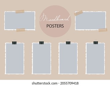 Mood board template collection with torn notes on sticky tape and paper clips. Mockup for presentation, modern design. 6 empty papers on beige background. Vector 3d realistic. Blank template. EPS10