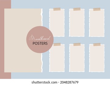 Colección de plantillas de tablero de humor con notas verticales rotas en cinta adhesiva. Montaje para presentación y diseño moderno. 7 papeles beige vacíos. Vector 3d realista. Plantilla en blanco. EPS10.