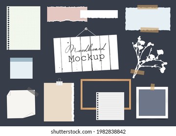 
Mood board template with different pieces of torn paper, multi-colored notes on sticky tape, wooden frame, photo card and flower branch. Blank templates for modern design on blue background. EPS10.