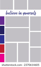 Mood board template. Photo collage grid. Moodboard banner. Mosaic pictures. Photography album layout. Scrapbook frames with colour palette. Vertical design of gallery mockup. Vector illustration