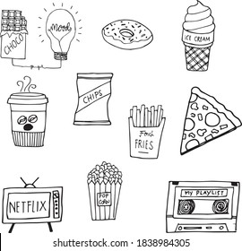 Mood Booster Mood Charger Netflix And Chill Sweet Starter pack Collection Hand Drawn  Illustration Vector