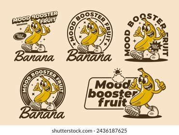 Mood booster fruit. Vintage Mascot character illustration of walking banana