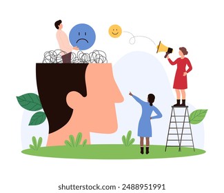 Mood change from negative to positive, emotional swing, mental health. Tiny people work with chaos of thoughts and sad emoji inside open human head, offer happy feeling cartoon vector illustration